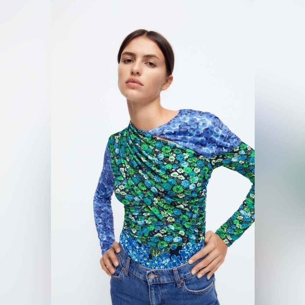 Zara draped print top blue/green 8924/634/445 size XS Bloggers Favorite